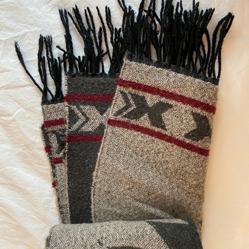 Red and grey scarf with fringe